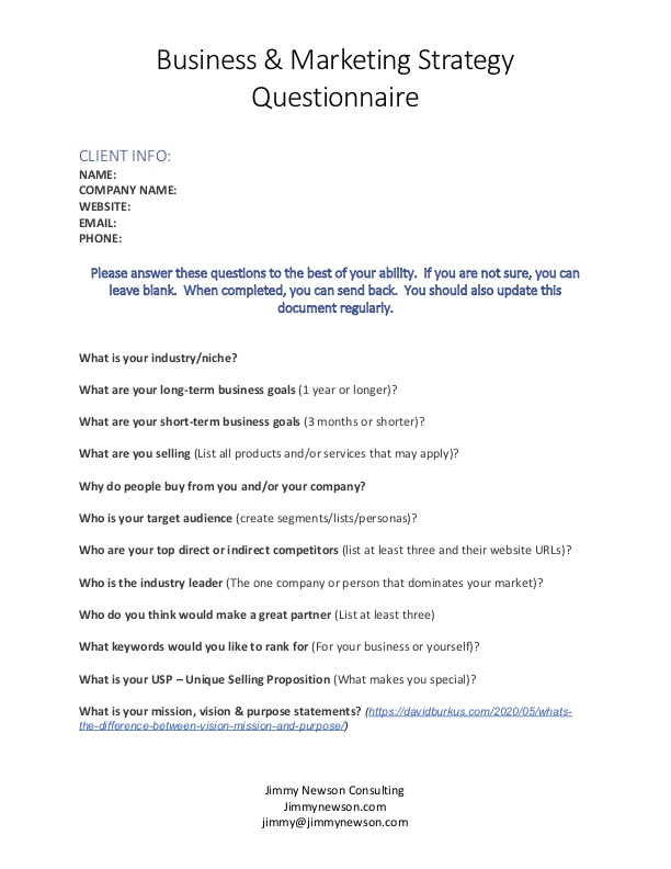 Business Strategy Consult Questionnaire - Jimmy Newson
